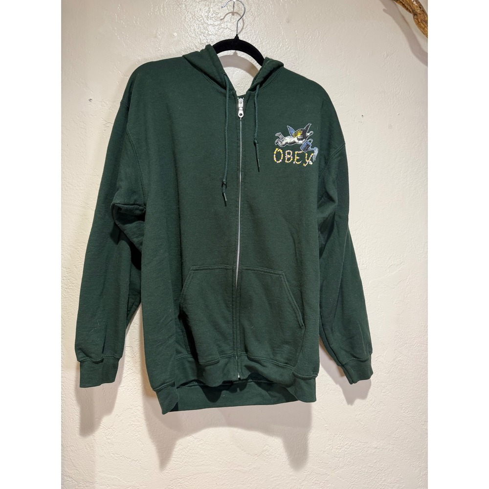 Obey Worldwide Mens Large Forest Green Cherub Graphic Full Zip Hoodie Sweatshirt